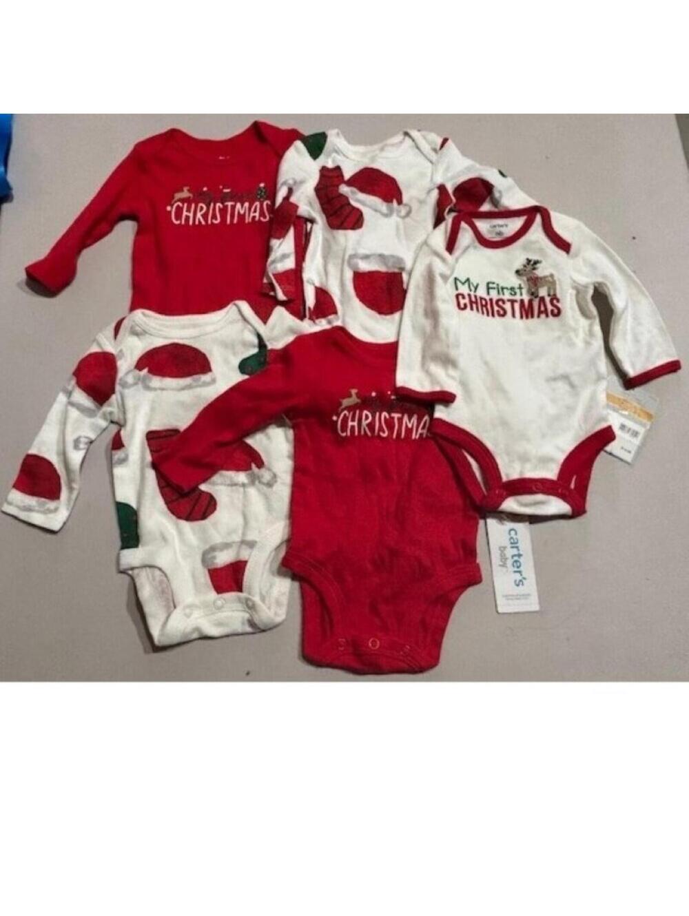 Carters Christmas Bodysuits Unisex NB 5 Pc White Red MY FIRST CHRISTMAS